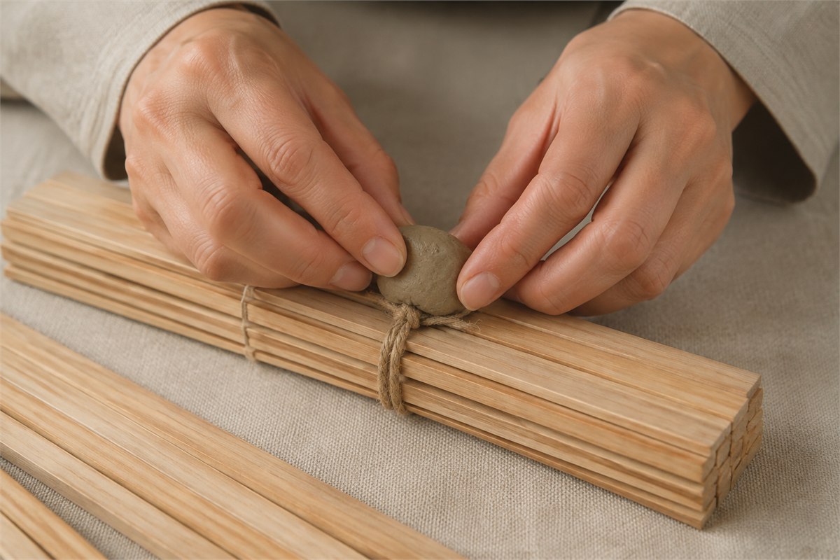 Hands placing soft clay over the cord knot of bundled wooden slips