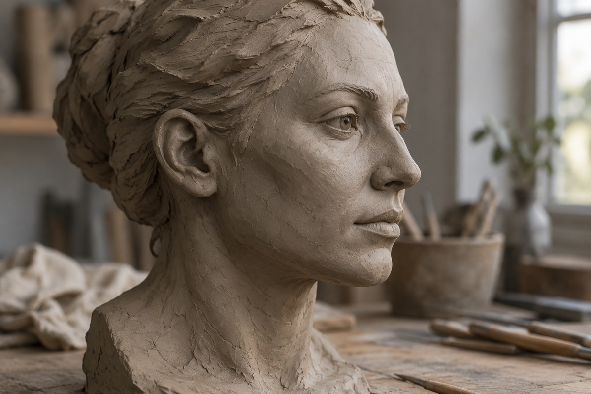 A contemporary clay sculptural face shows fine modelling around the eyes and mouth.