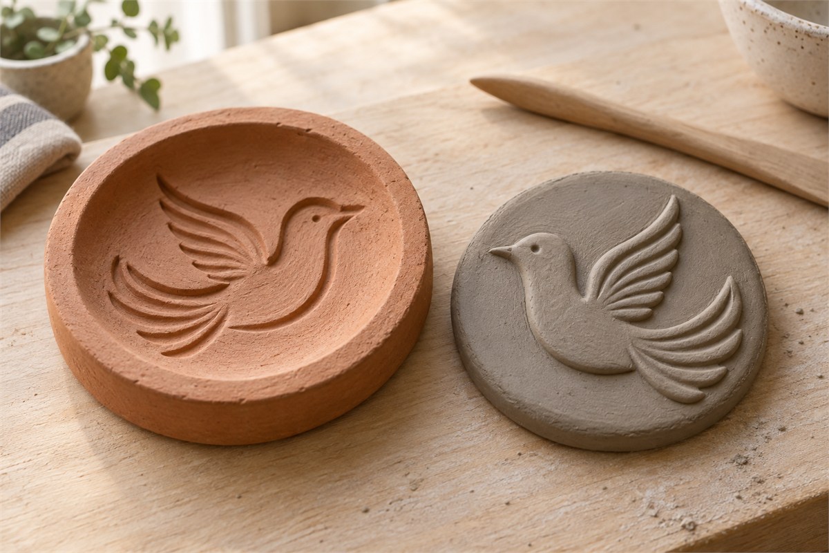 A shallow circular negative mold sits beside a matching fresh clay bird relief on a work surface.