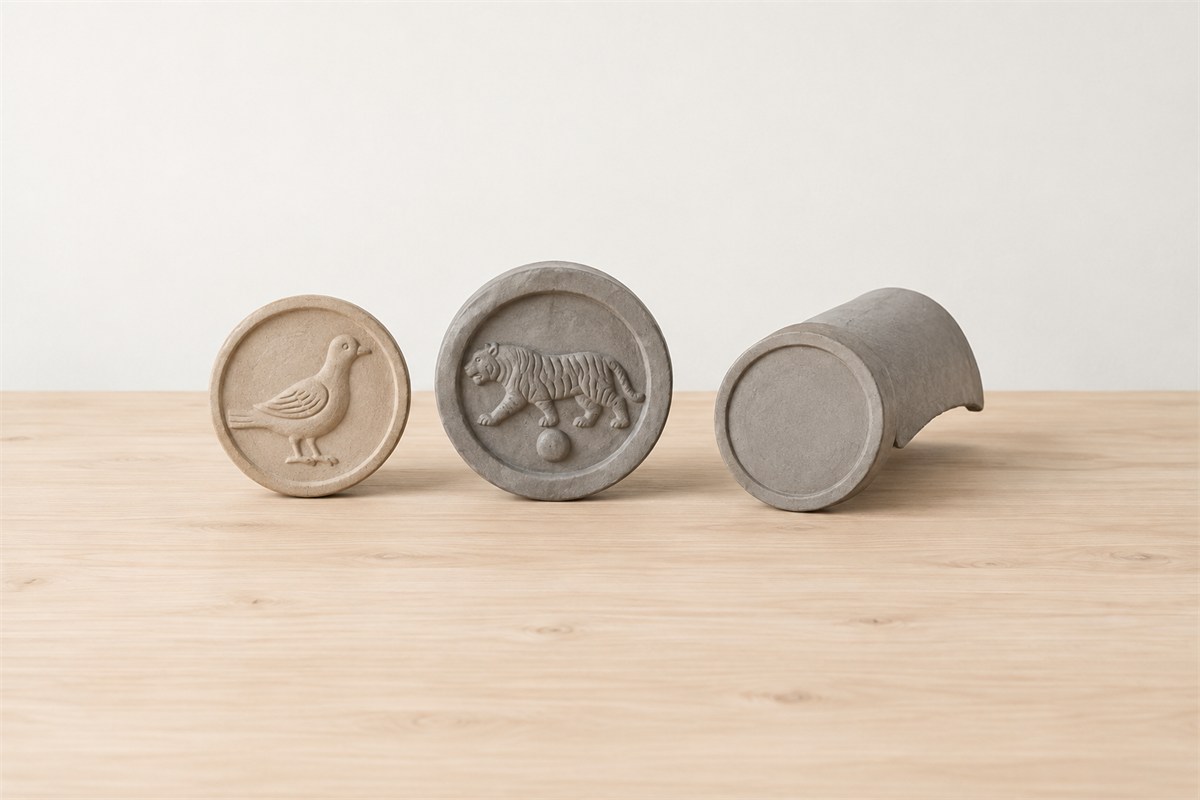 Three modern clay studies show a bird relief, a tiger relief, and a plain round tile end with a curved body.