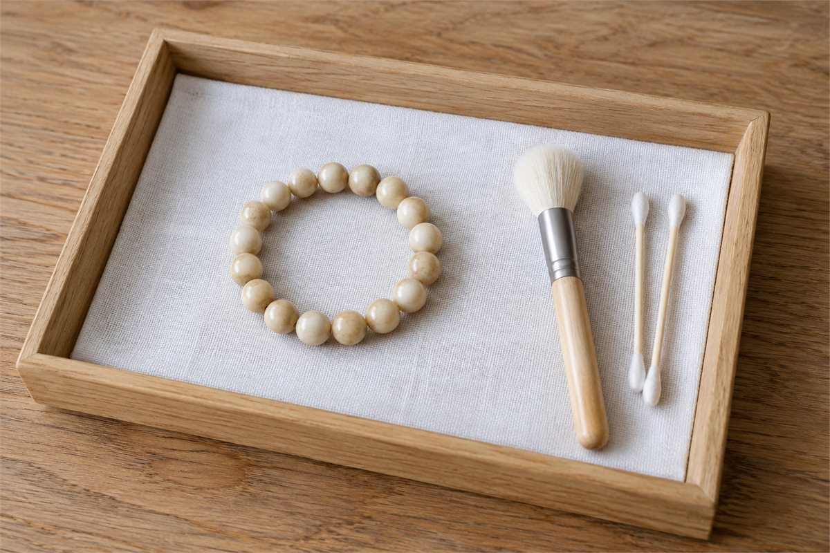 Bracelet and dry tools arranged in a cotton-lined wooden tray.