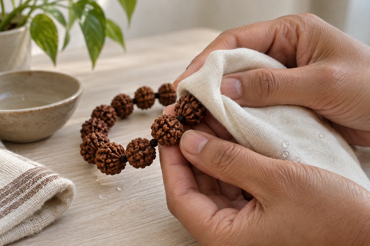 Clean hands gently blotting a damp, otherwise clean Rudraksha strand with a soft cloth.