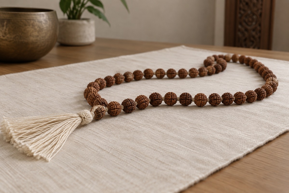 A clean Rudraksha strand laid loosely on a dry cloth with its tassel spread apart.
