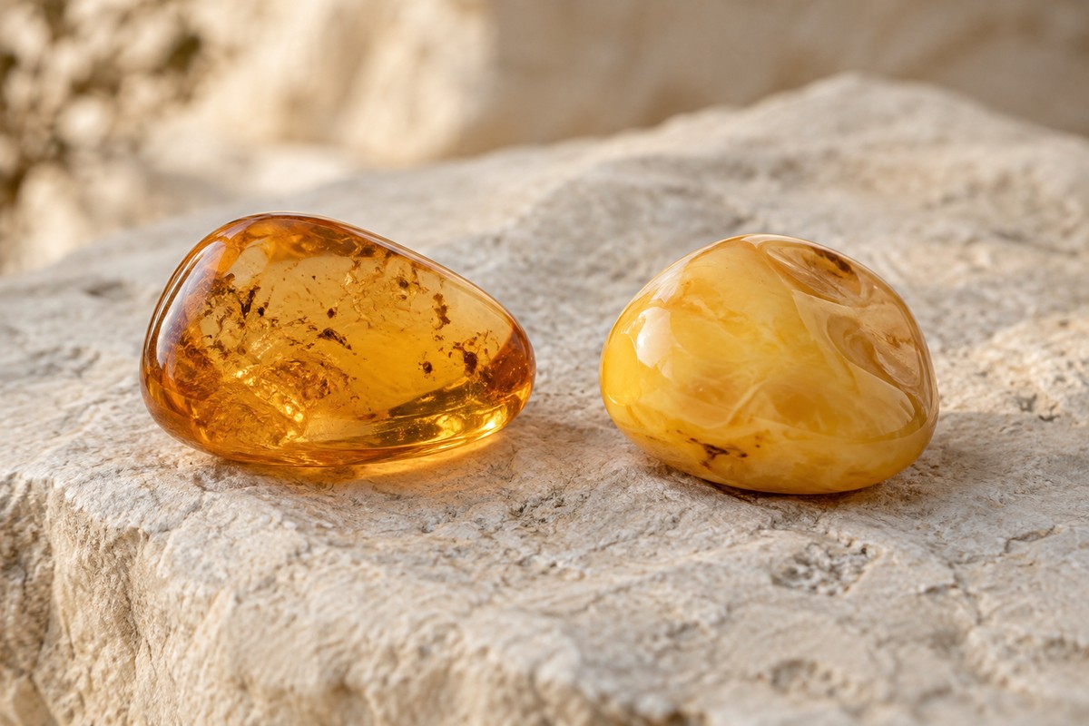 Two polished amber pebbles with clear gold and milky yellow appearances