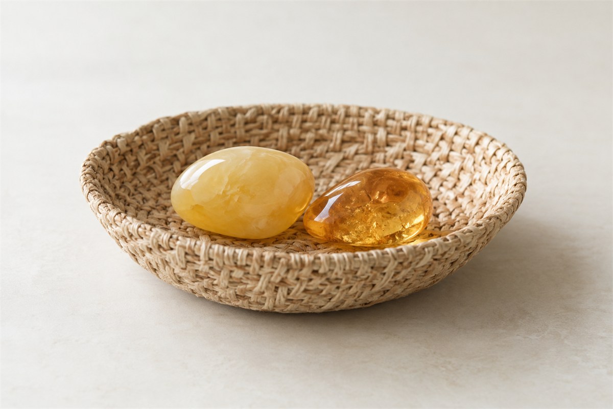 Pale cloudy and translucent honey-colored polished pieces in a flax basket.