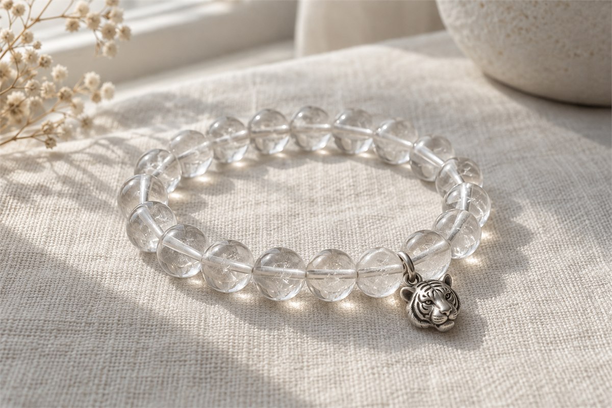 Clear round-bead bracelet with a silver-colored tiger-head charm on ivory linen.