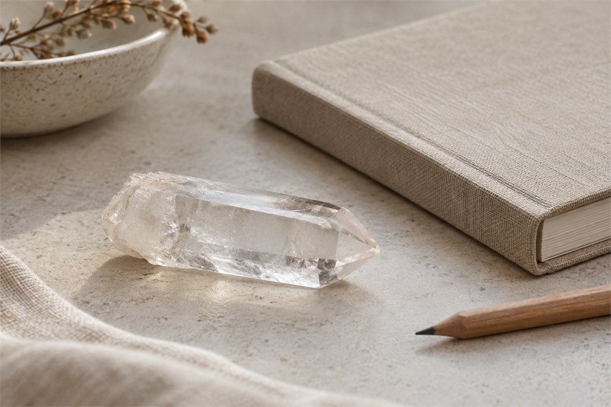 A clear quartz point beside a closed linen journal and wooden pencil.