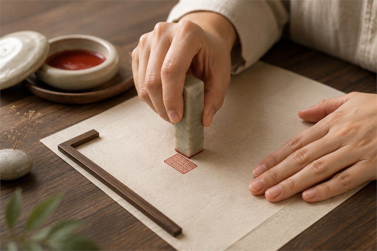 Hands lowering a carved seal vertically onto supported paper beside red seal paste
