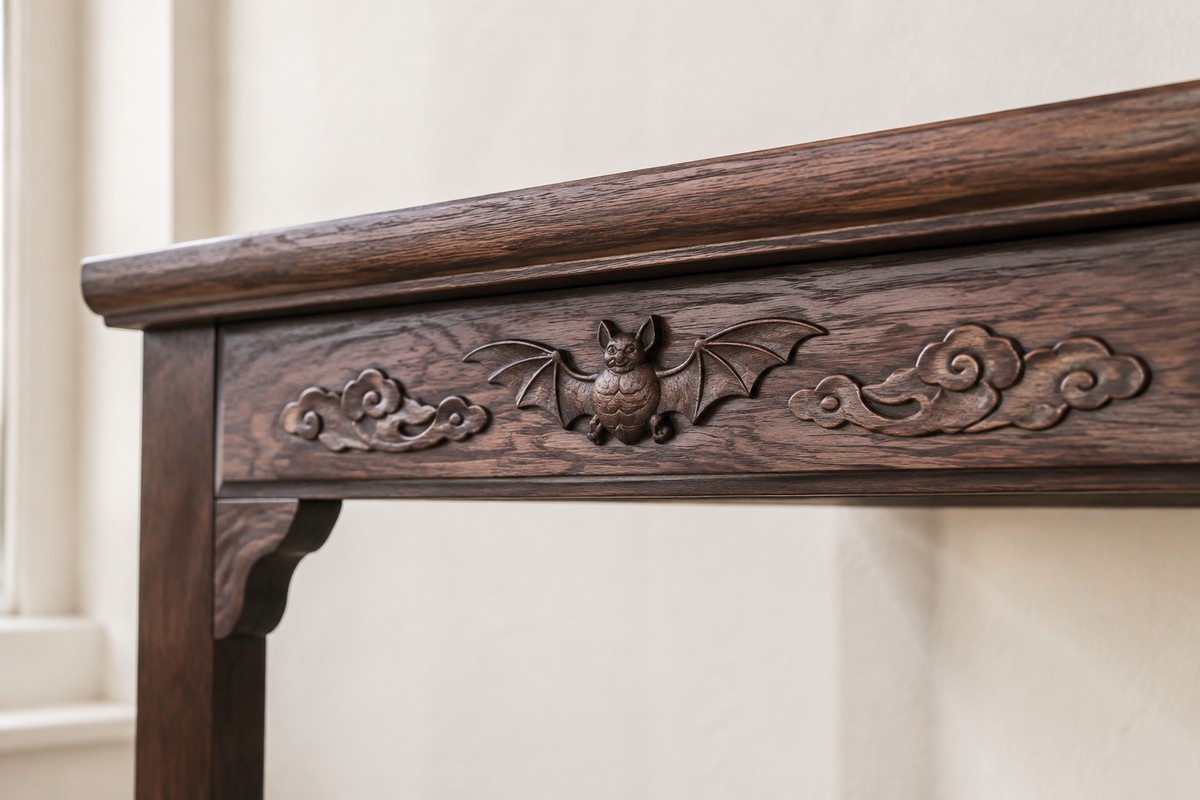 A modern dark wood table edge carved with one bat and flowing clouds.