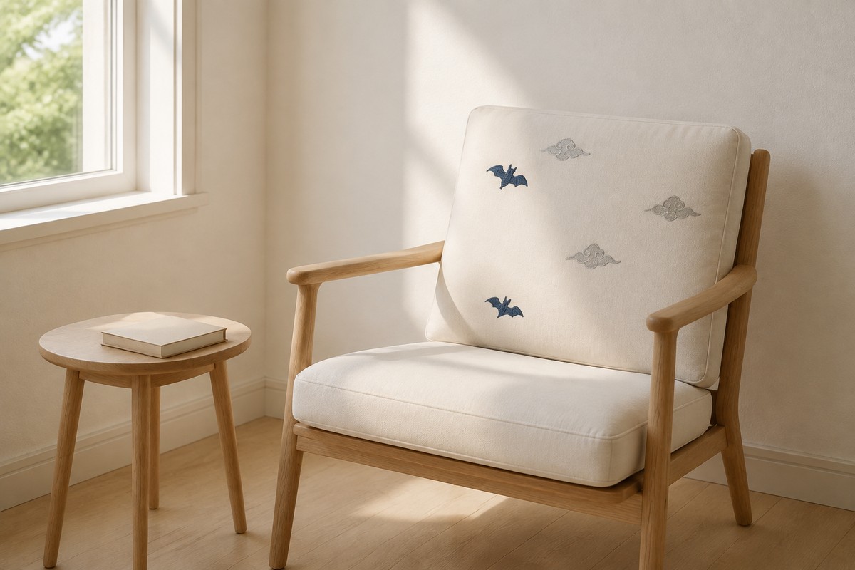 An ivory cushion with two cloud-bat motifs on a light wooden chair.