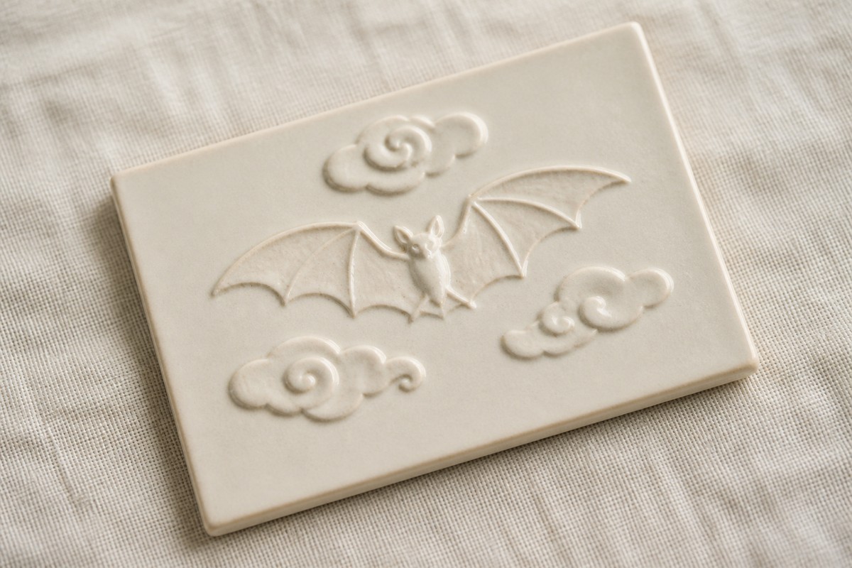 An ivory ceramic tile with one bat and curling cloud relief on pale linen.