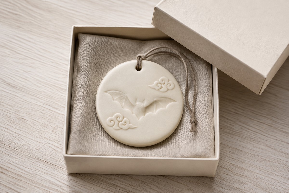 A small ivory cloud-bat ornament in an open linen-lined gift box.