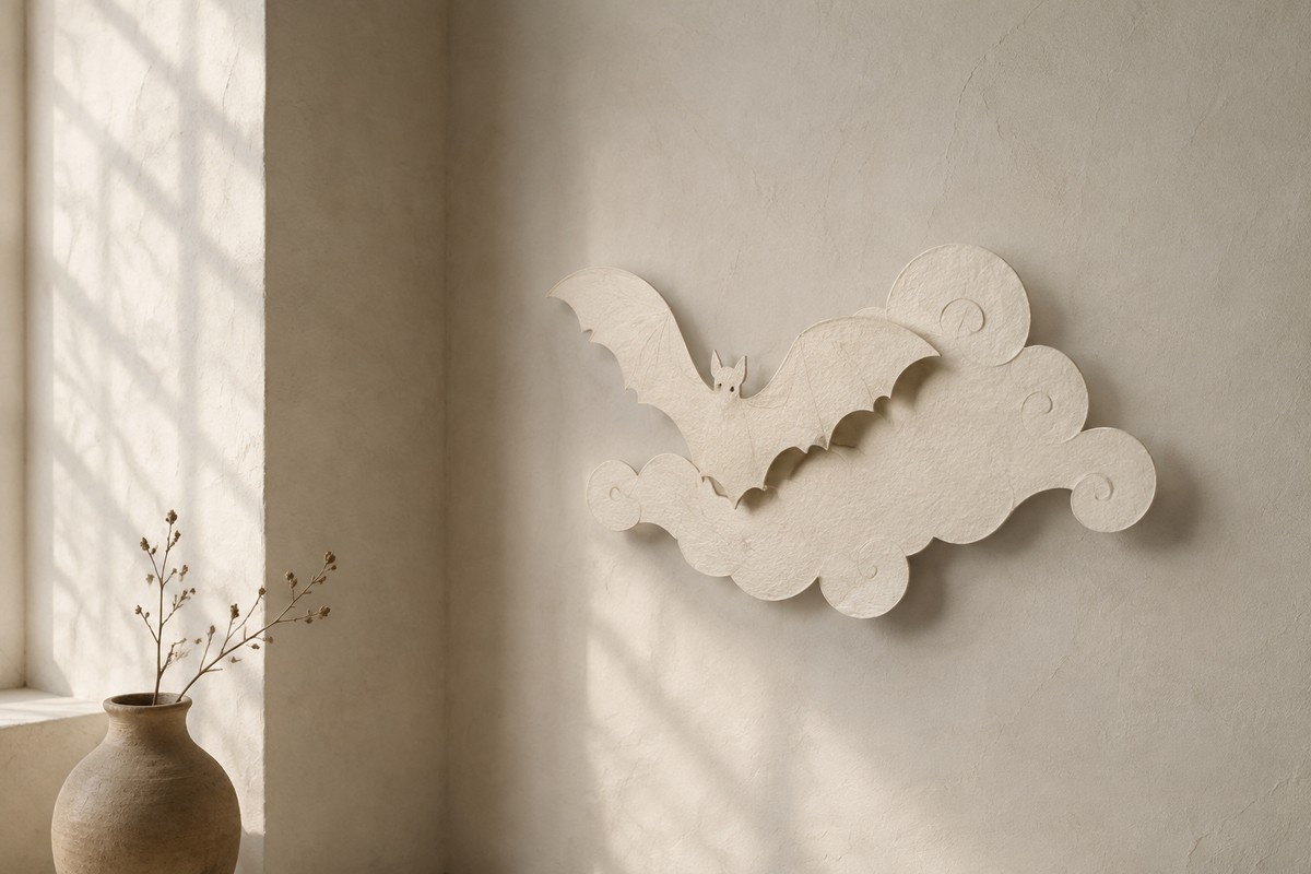A cream paper cutout of one bat among clouds casts soft shadows on a wall.