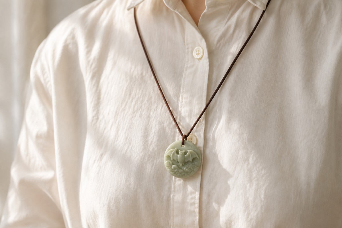 A pale green cloud-bat pendant on a cord against an ivory shirt.