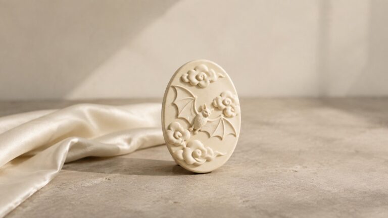 A pale ceramic cloud-bat ornament beside softly draped ivory silk.