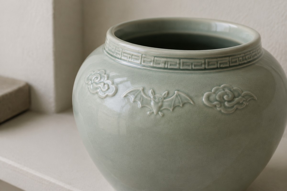 A contemporary ceramic jar with one bat among flowing clouds below a squared spiral rim.