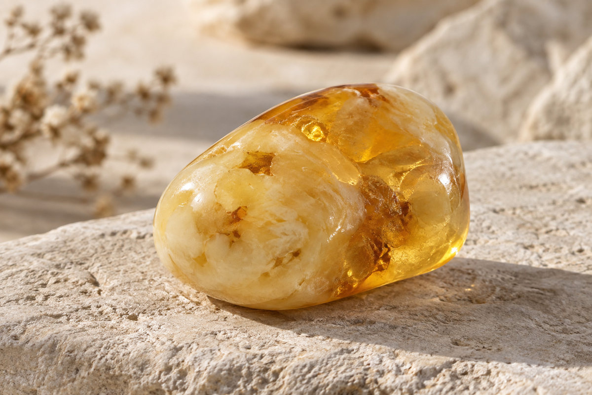 A polished resin pebble with cloudy cream swirls meeting translucent golden areas.