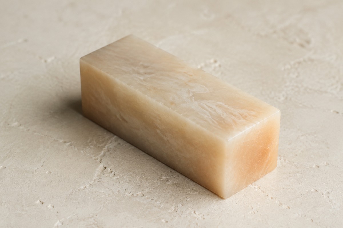 Cloudy pale stone blank with a softly translucent edge in side light.