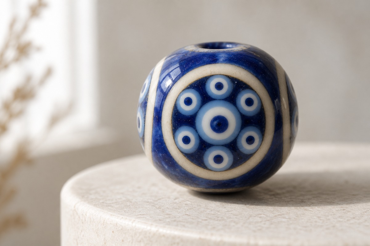 Modern blue glass study bead with one central eye surrounded by six smaller eyes inside a cream ring.
