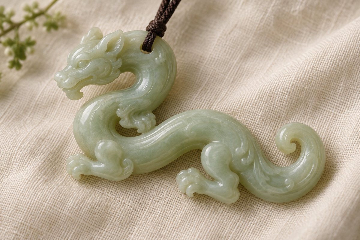 Pale green jade-style chi-dragon pendant with an S-shaped body and curled tail on linen.