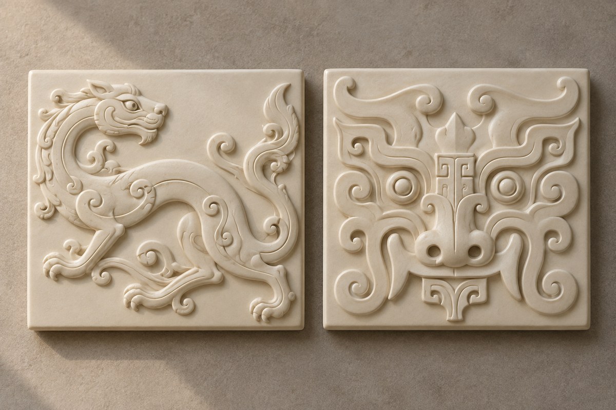 Two cream relief tiles contrast a side-facing coiled dragon with a symmetrical frontal beast mask.