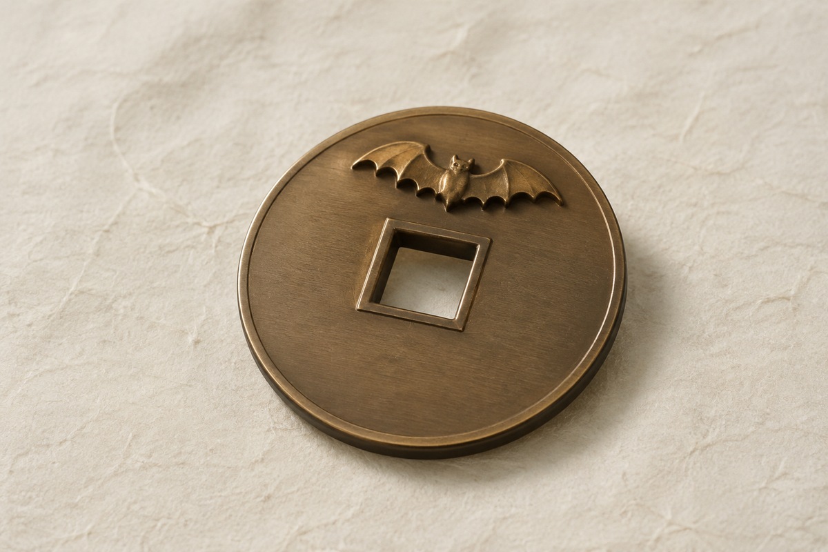 Round bronze-colored charm with a square hole and one raised bat motif.