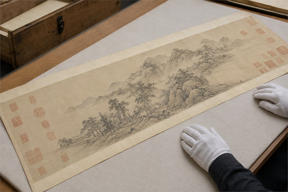Mounted ink painting with several small red collector seals viewed on a conservation table