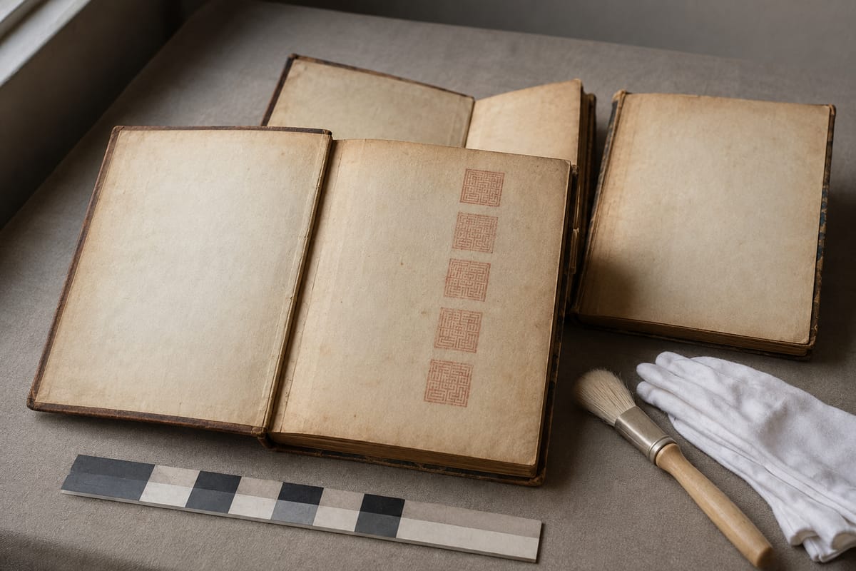 Aged blank book leaves with faded abstract red seals and conservation tools
