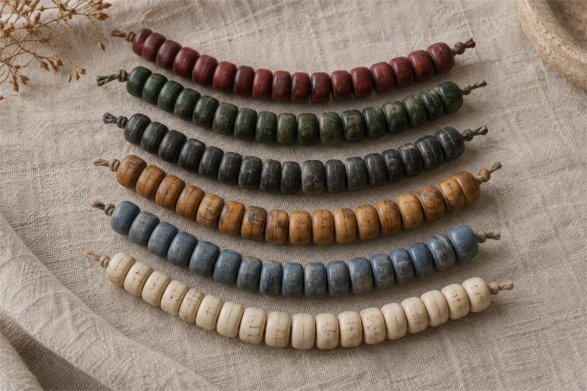 Six short strands of red, green, black, honey, blue, and cream bone beads on linen.