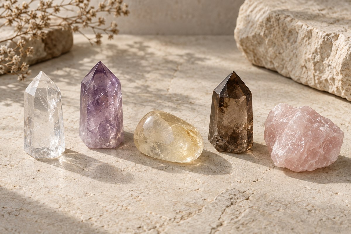 Clear, purple, yellow, smoky brown, and cloudy pink quartz forms