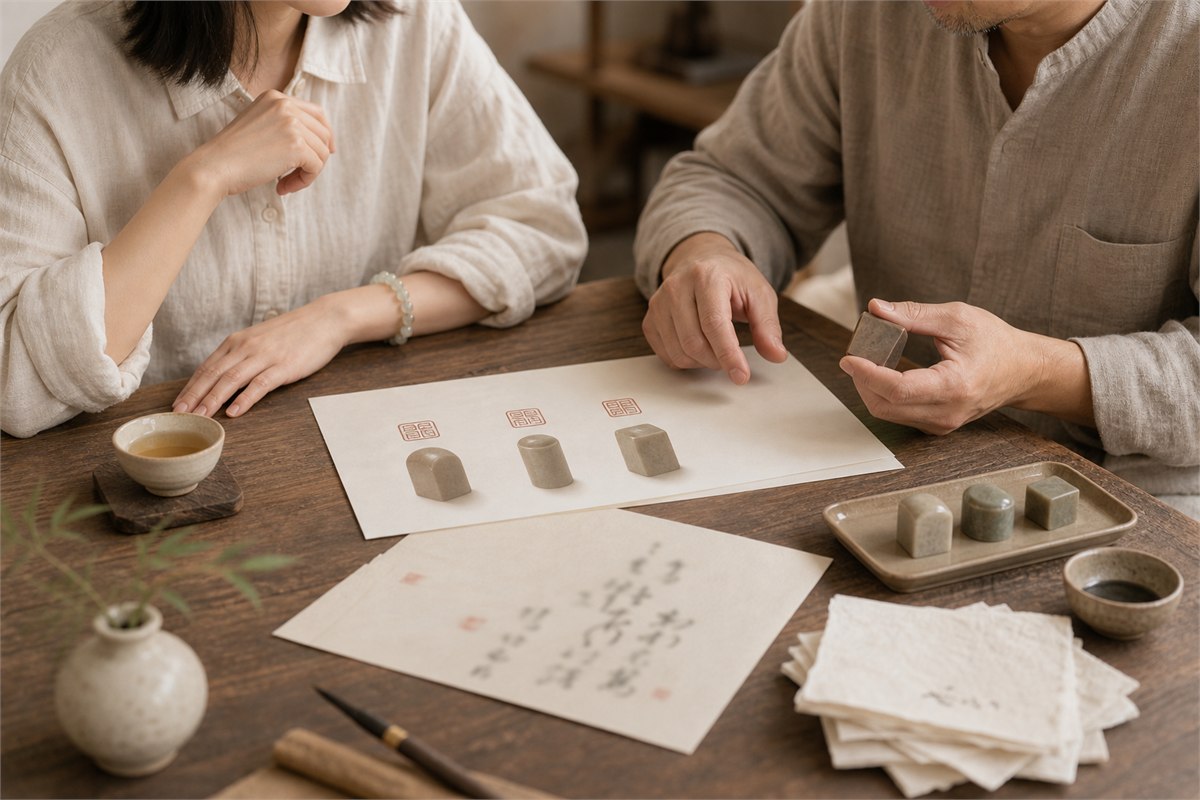 Seal carver and client comparing stone seals, artwork photographs, and abstract impression drafts