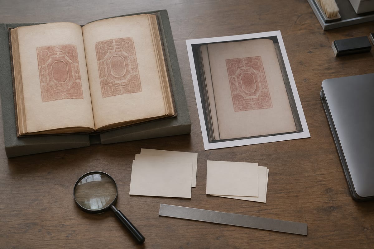 Open supported book with abstract marks, page photograph, blank catalog cards, and magnifier