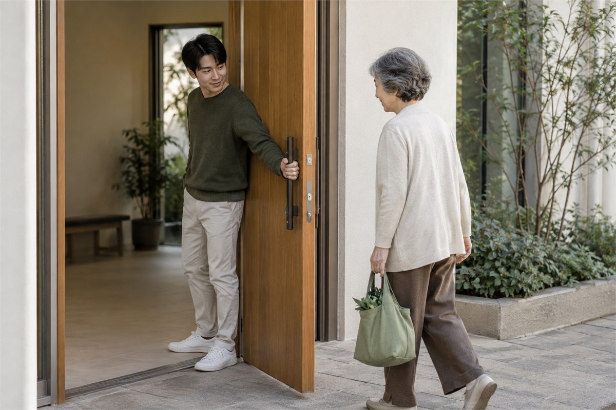 An adult holding a wooden door open for an older neighbor.