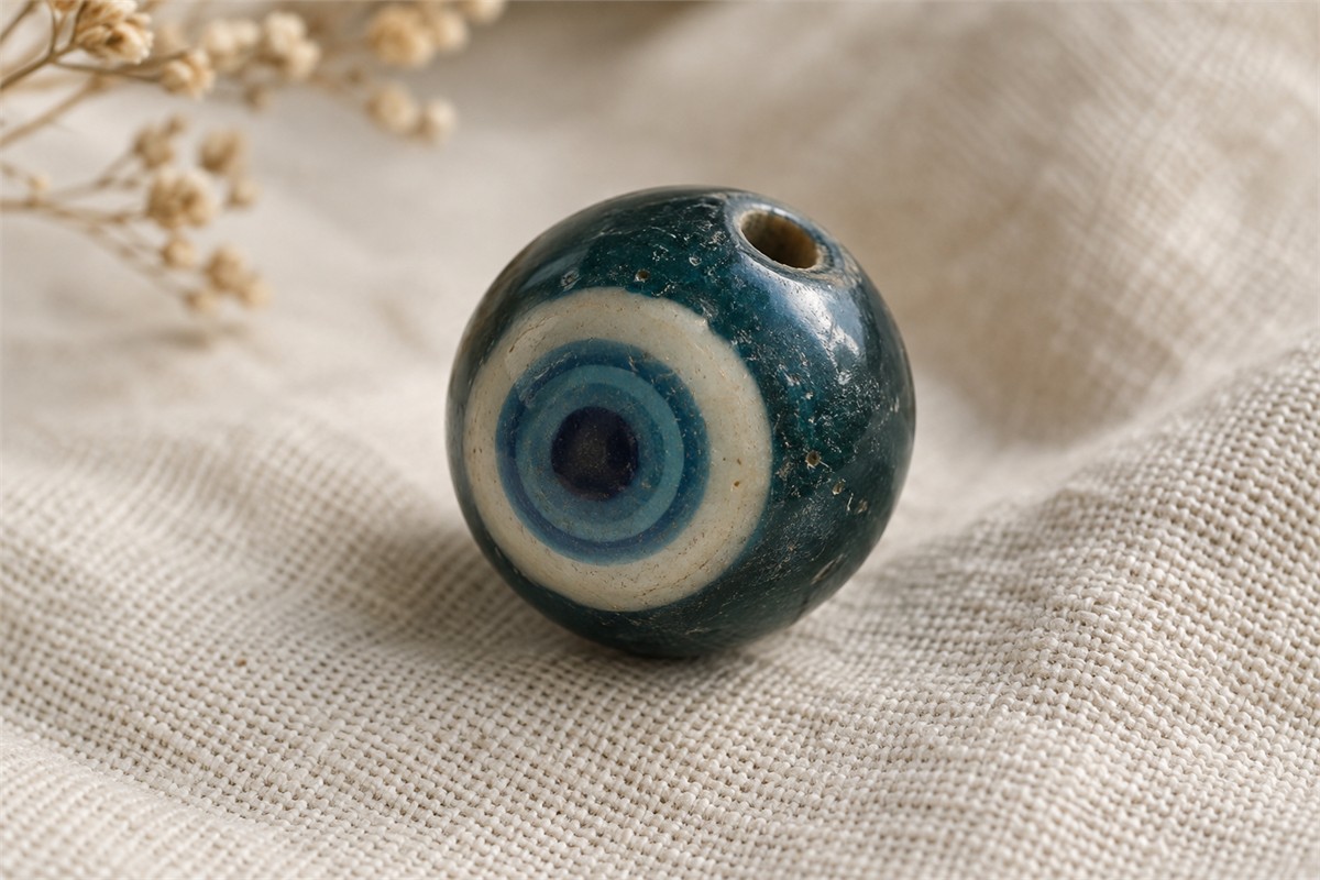 Dark teal rounded bead with cream and blue concentric rings and a stringing hole.