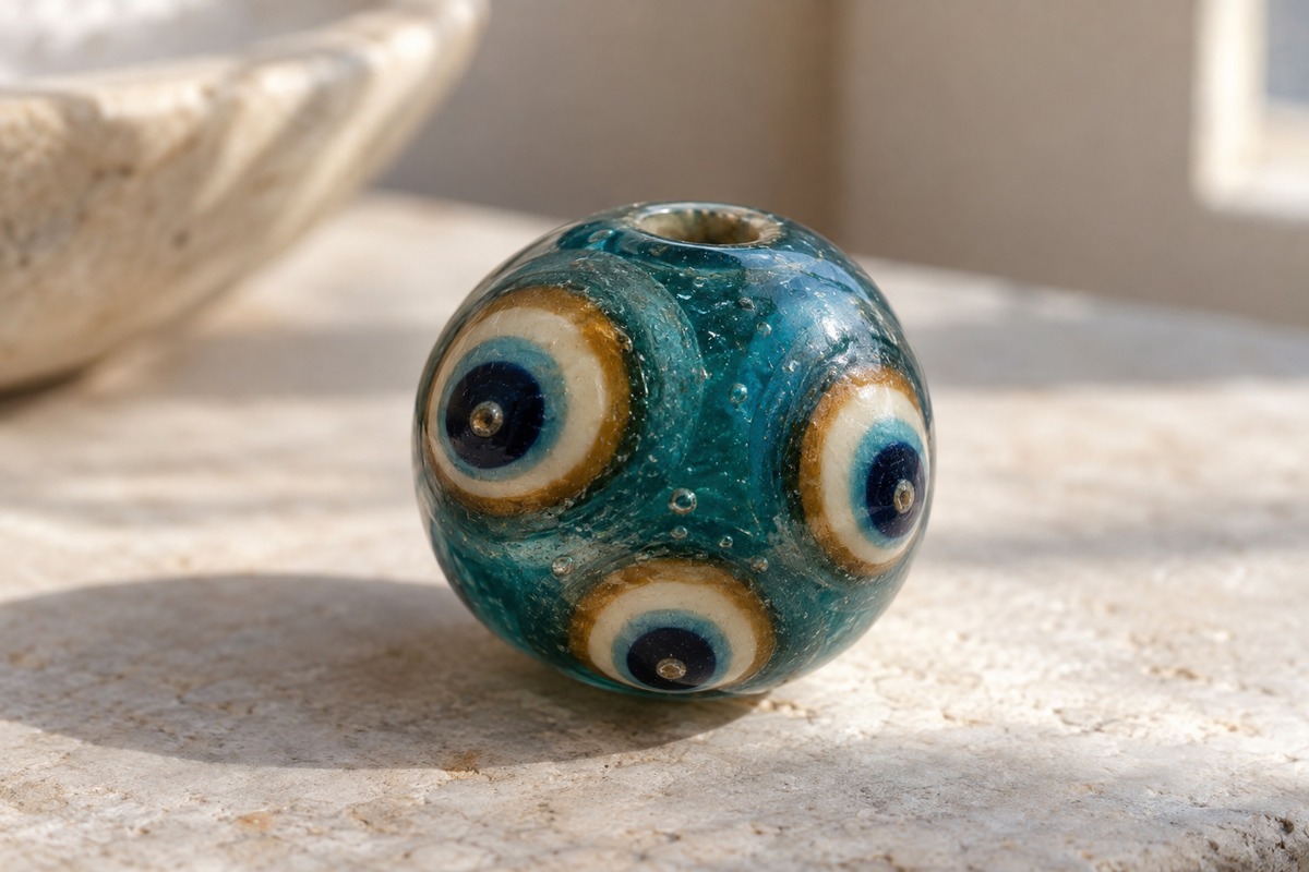 Close view of cream, ochre and blue concentric eye motifs on a rounded teal glass bead.