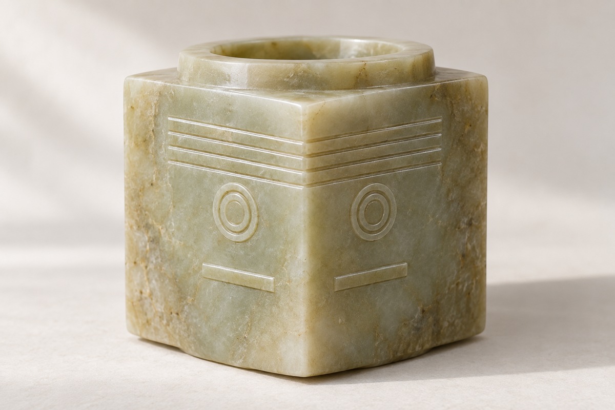 Close view of paired circular eyes and horizontal bands carved across a jade cong corner