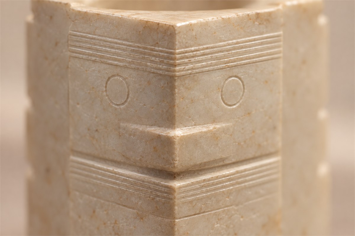Two incised circle eyes flank the corner of an ivory stone model beneath fine bands.