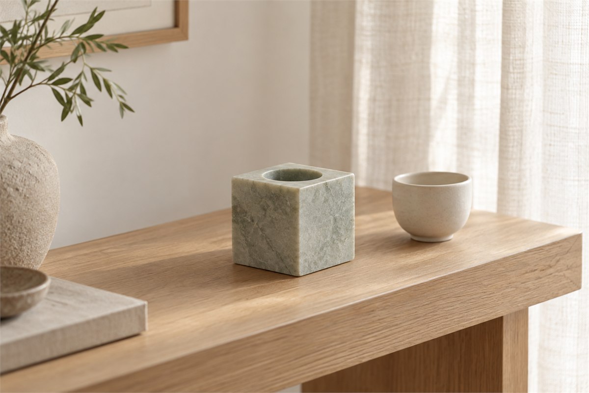 A plain square stone object with a round opening stands on a wooden console beside a cup.