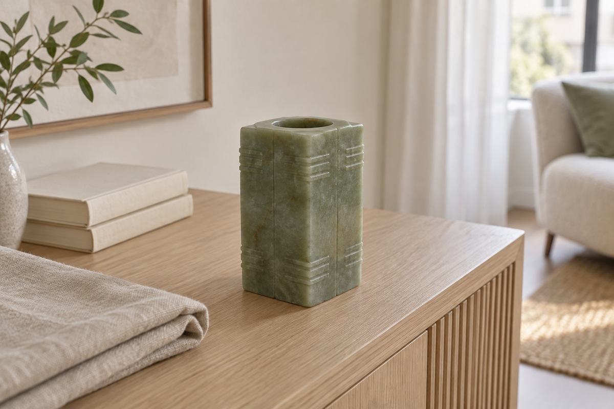 Green cong-inspired display object on a pale wooden console in a quiet room