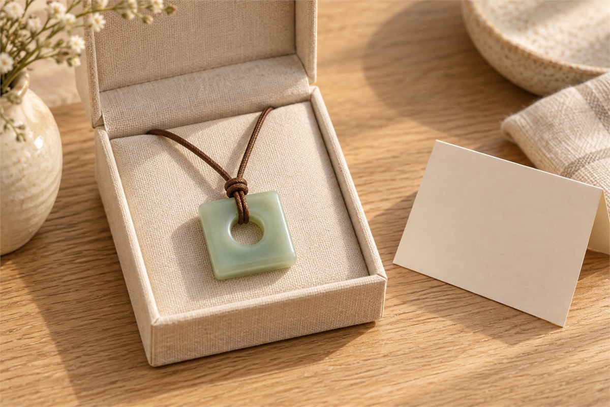 A square green pendant on a brown cord rests in a cream gift box beside a blank card.