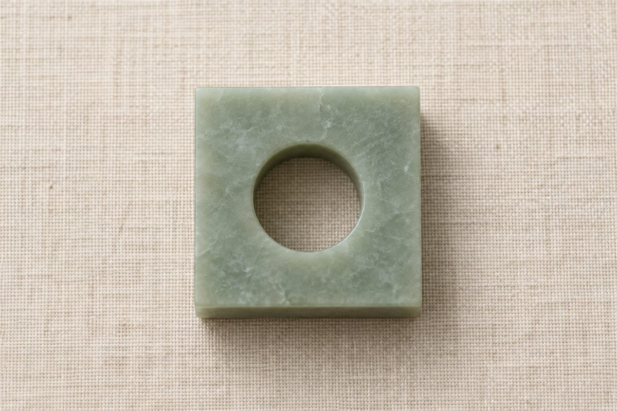 Overhead view of a square green stone model with a circular central opening.
