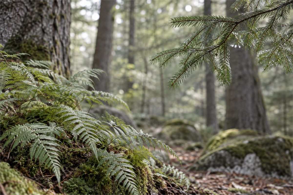 A conifer branch above fern fronds in softly filtered daylight.