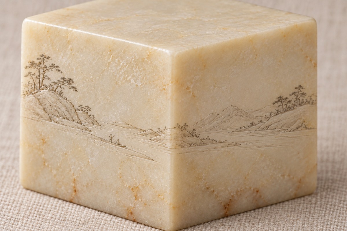 A shallow river landscape continues across two adjacent faces of a stone seal.
