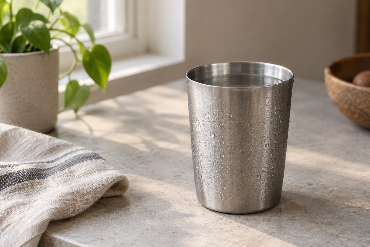 Small water droplets cling to the outside of a brushed metal cup on pale stone.