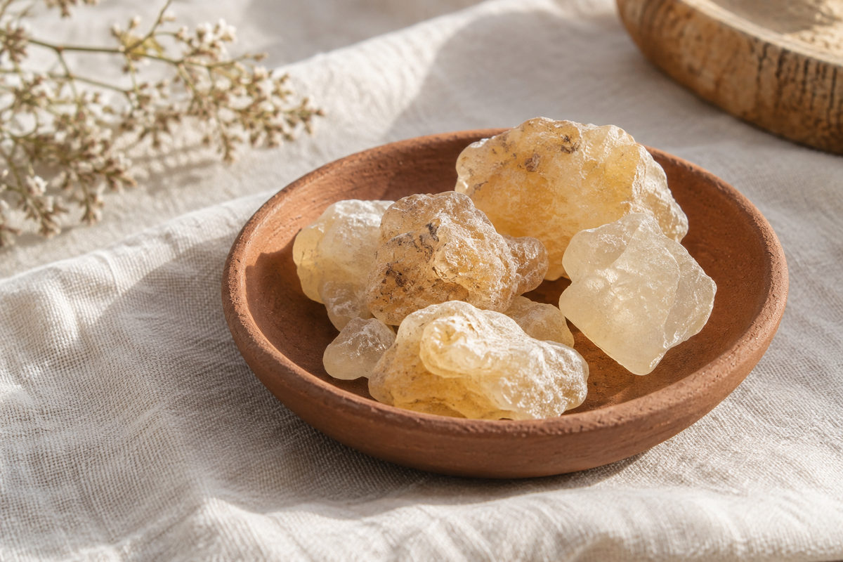 Pale resin pieces resting in a simple shallow terracotta dish.