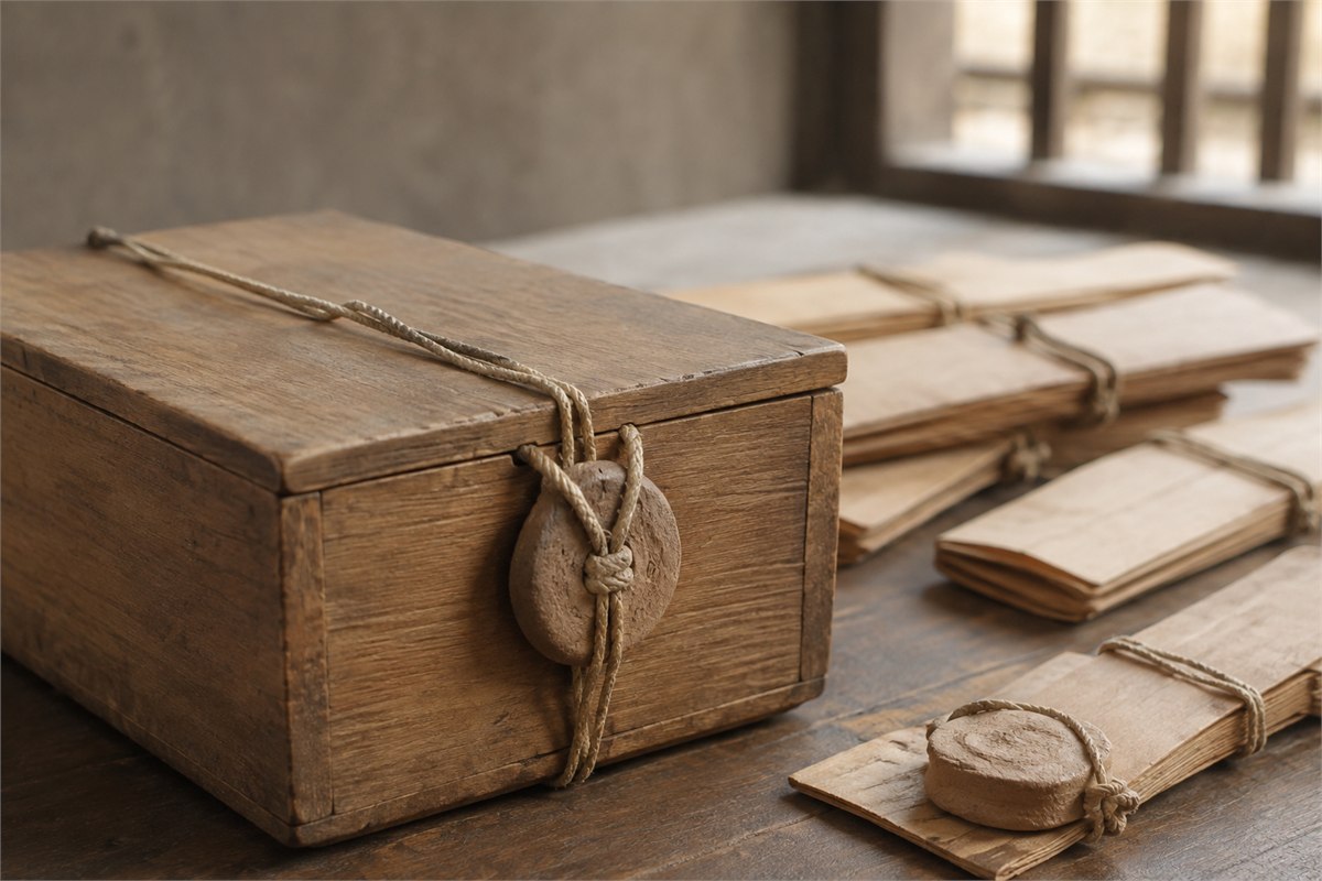 Wooden box and blank wooden records secured with cord and clay closures