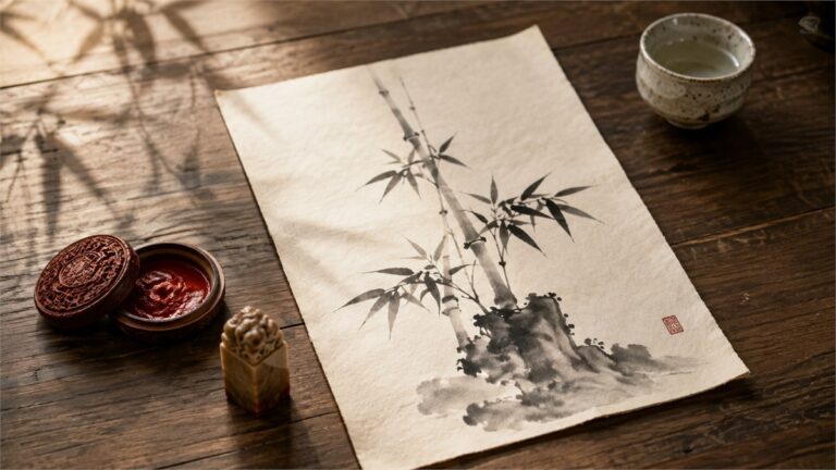 Chinese ink painting with a small red corner seal beside a carved stone seal and cinnabar paste