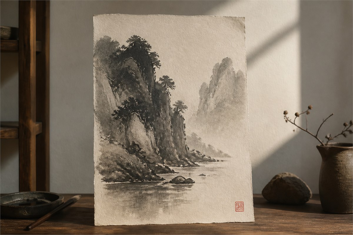 Ink landscape with a small red seal impression in an open lower corner
