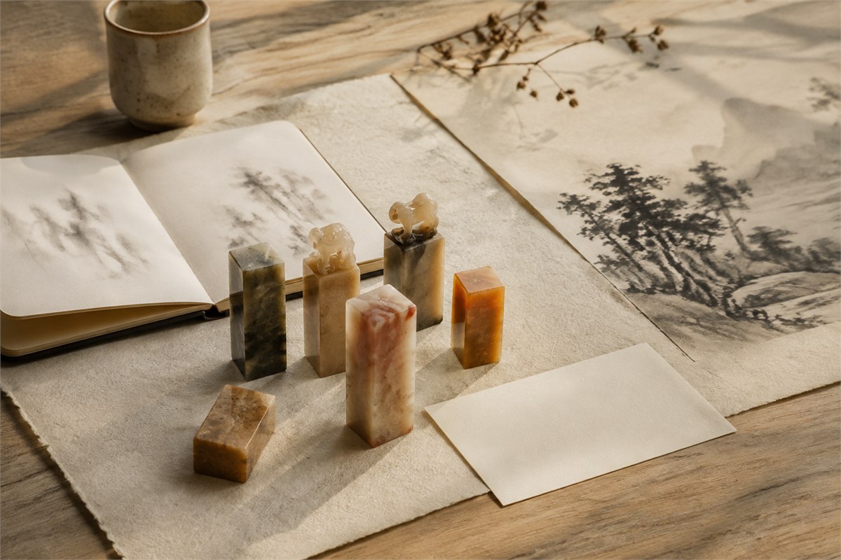 Several carved stone seals with blank cards and ink paintings on a warm studio table