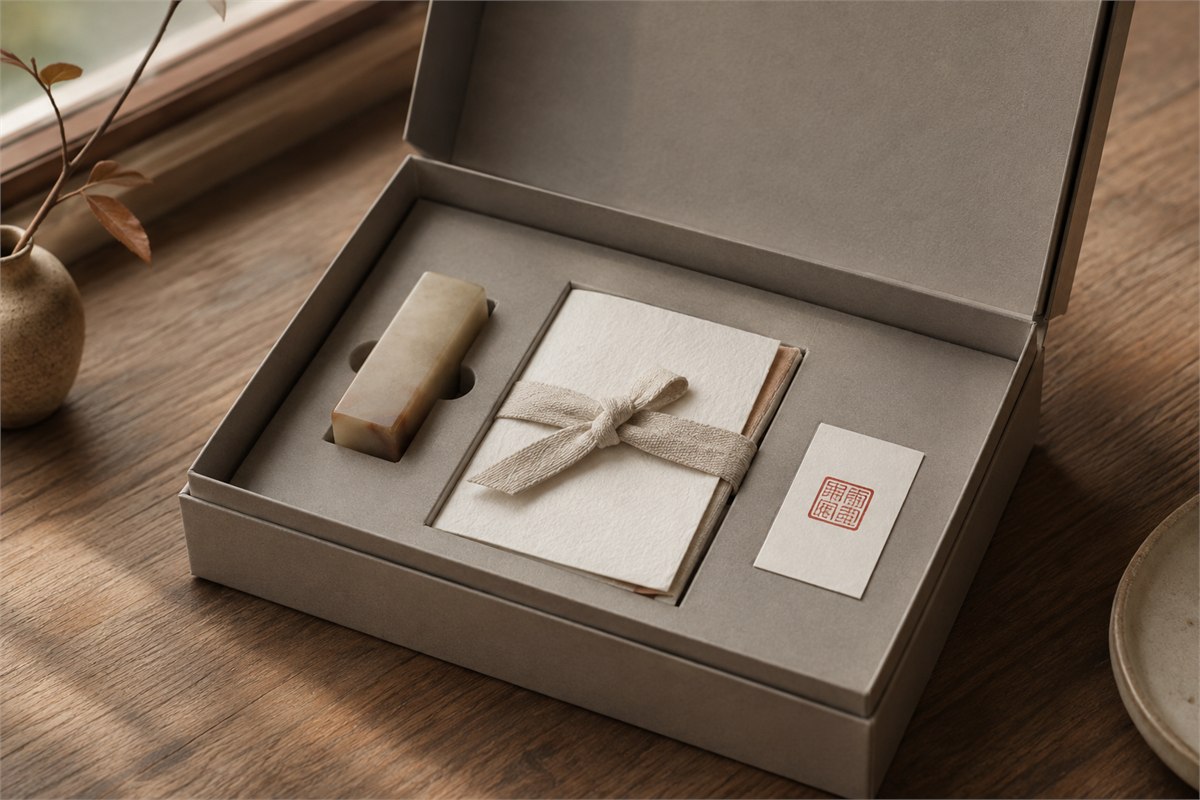 Stone corner seal in a fitted neutral gift box with a blank handmade card and sample impression
